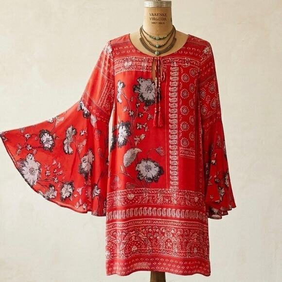 Anthropologie Dresses & Skirts - Vanessa Virginia Anthropologie Silk Mini Dress Red Floral Boho Bell Sleeve Sz4